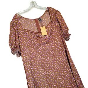 SHEIN Curve Frenchy Brown Floral Sweetheart Prairie Midi Dress 3XL NEW